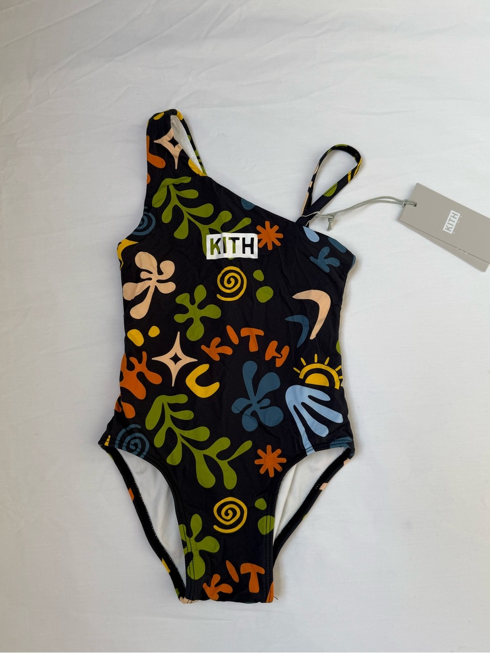 KITH Kids Black One-Shoulder Swim Suit with Multicolor Graphic Print